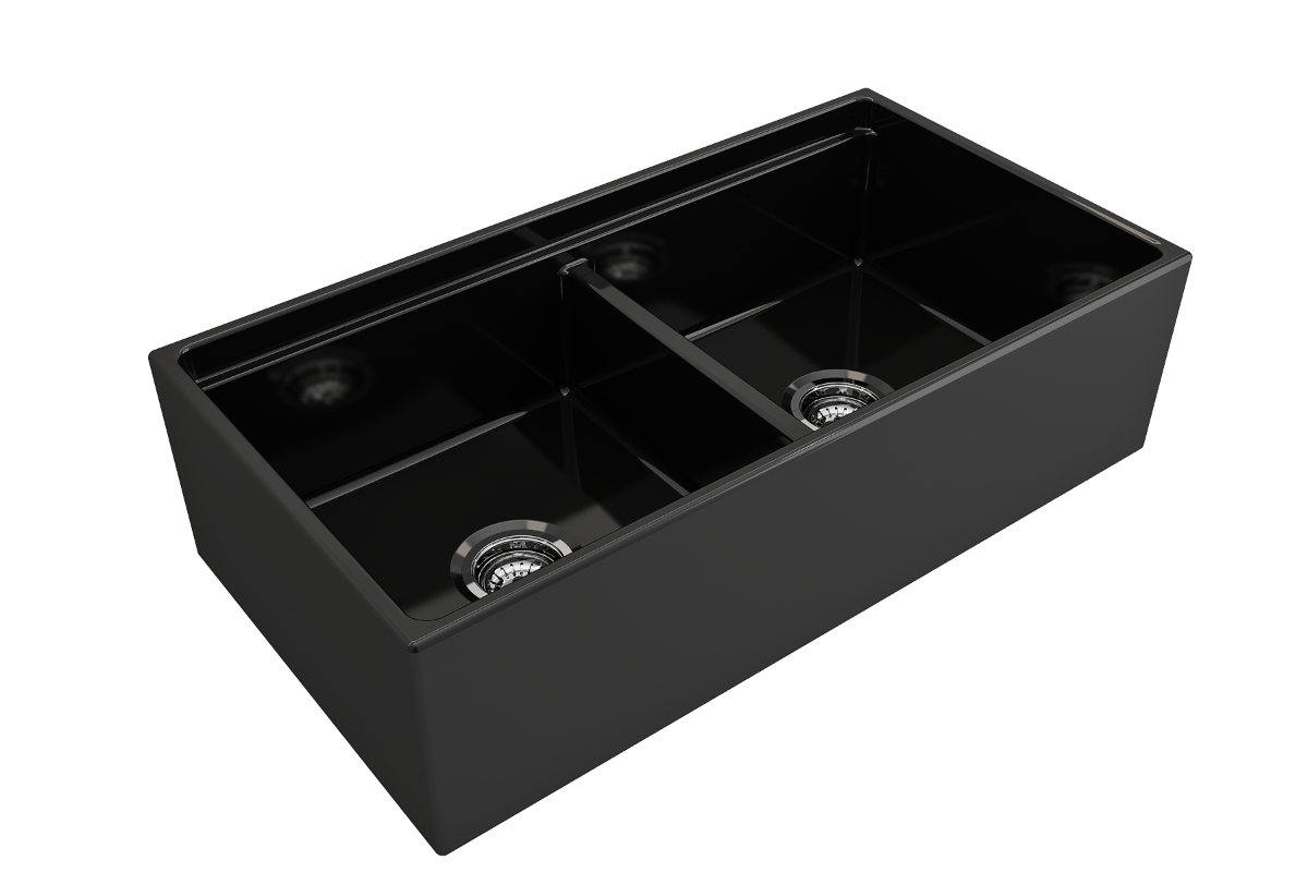 BOCCHI CONTEMPO 36" Step Rim Fireclay Farmhouse Double Bowl Kitchen Sink with Protective Bottom Grid and Strainer black finish