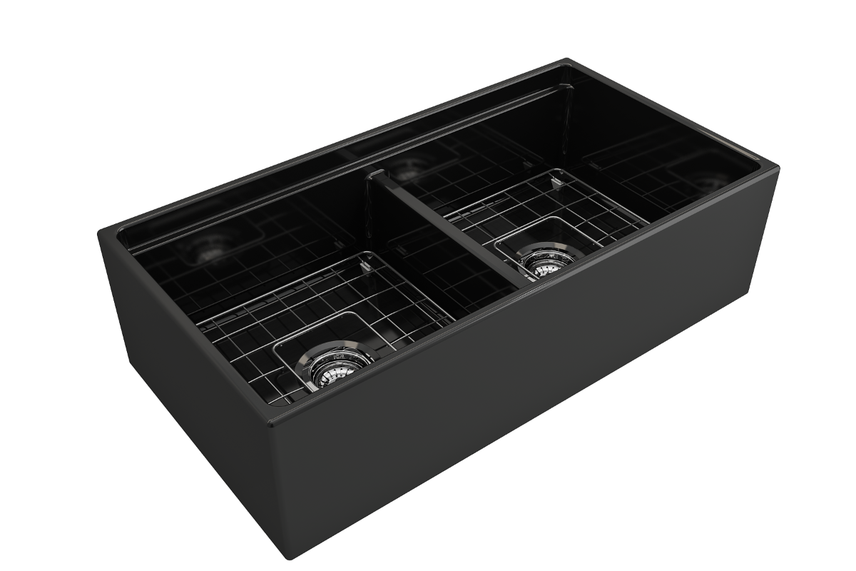 BOCCHI CONTEMPO 36" Step Rim Fireclay Farmhouse Double Bowl Kitchen Sink with Protective Bottom Grid and Strainer - black finish, top view.