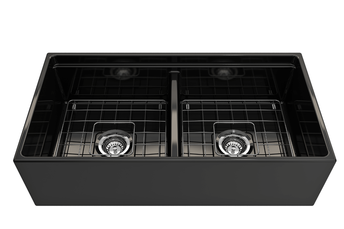 BOCCHI CONTEMPO 36" Step Rim Fireclay Farmhouse Double Bowl Kitchen Sink with Protective Bottom Grid and Strainer, black finish, top view.
