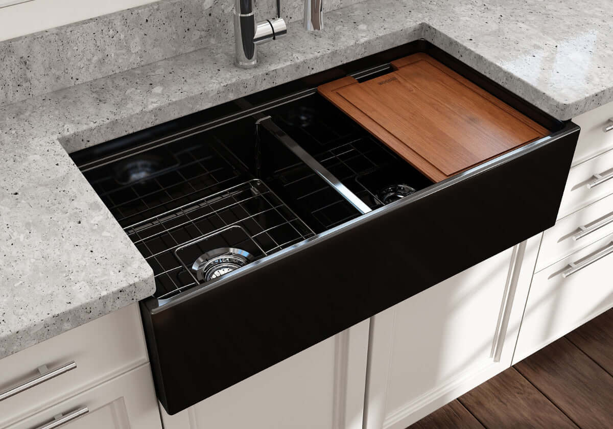 Top view of BOCCHI CONTEMPO 36" Step Rim Fireclay Farmhouse Double Bowl Kitchen Sink with Protective Bottom Grid and Strainer.