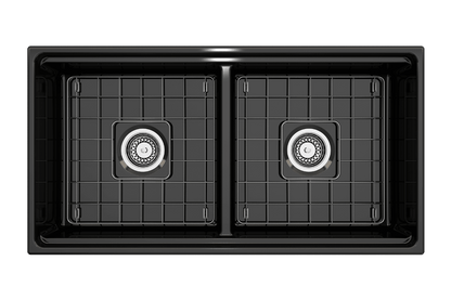 Top view of BOCCHI CONTEMPO 36" Step Rim Fireclay Farmhouse Double Bowl Kitchen Sink in Black with strainers.