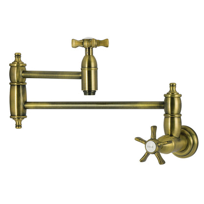Kingston Brass KS3103NX Hamilton Wall Mount Pot Filler Faucet, Antique Brass with foldable arms and unique detailing
