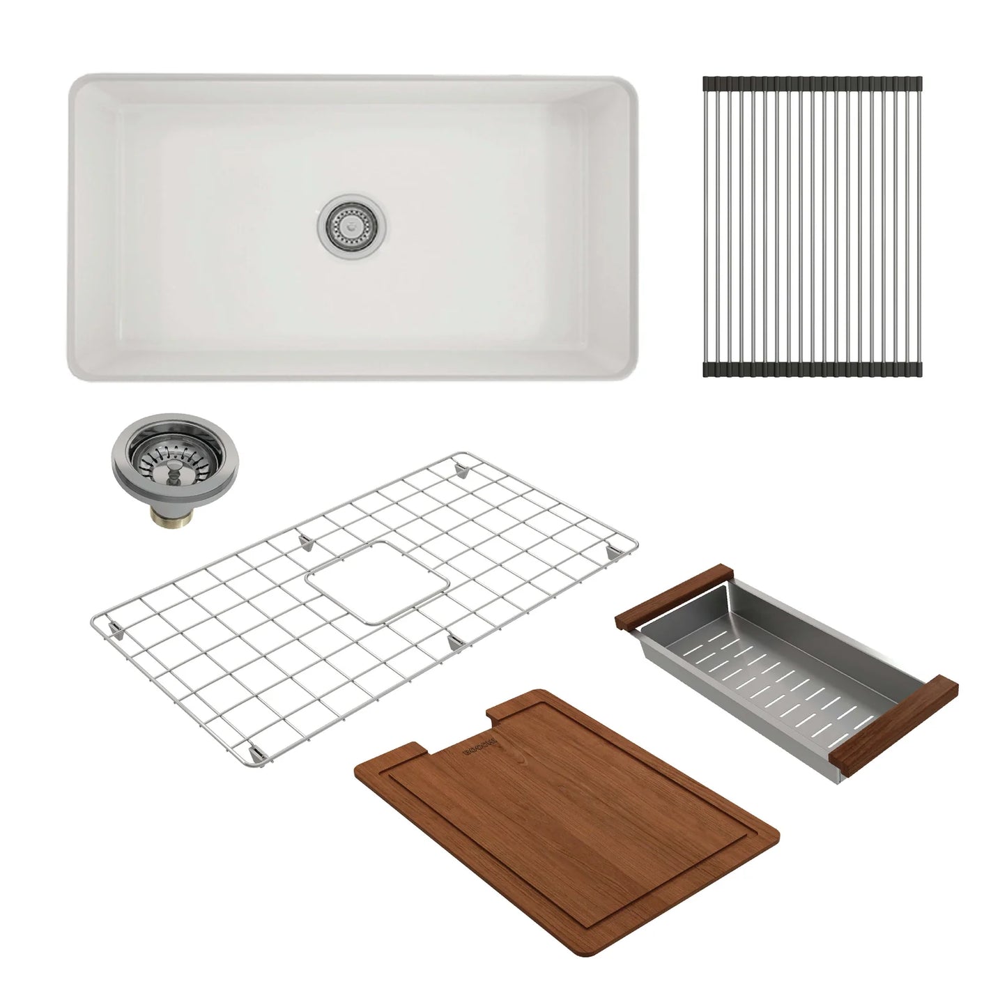 Bocchi Sotto 32" Fireclay Sink shown with included accessories