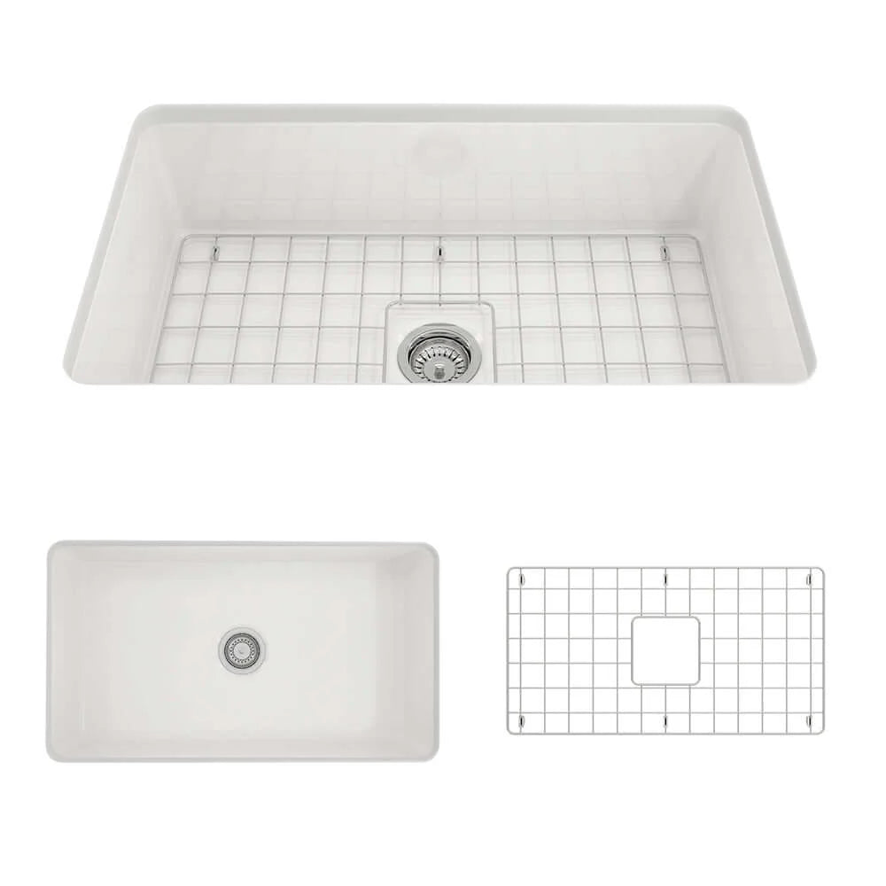 BOCCHI SOTTO 32" Fireclay Kitchen Sink with Pagano Faucet and Accessories top view and grid.