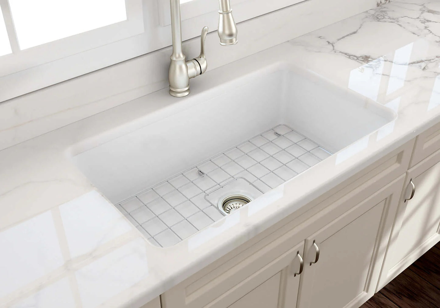 Lifestyle image of Bocchi Sotto 32" fireclay sink with bottom grid and strainer