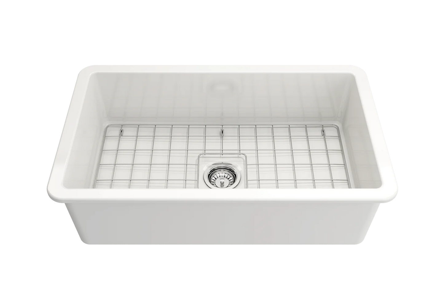 Front angle view of Bocchi Sotto 32" fireclay sink with bottom grid installed