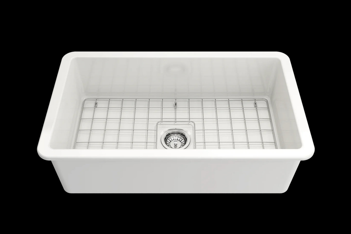 Front angle view of Bocchi Sotto 32" sink with included bottom grid