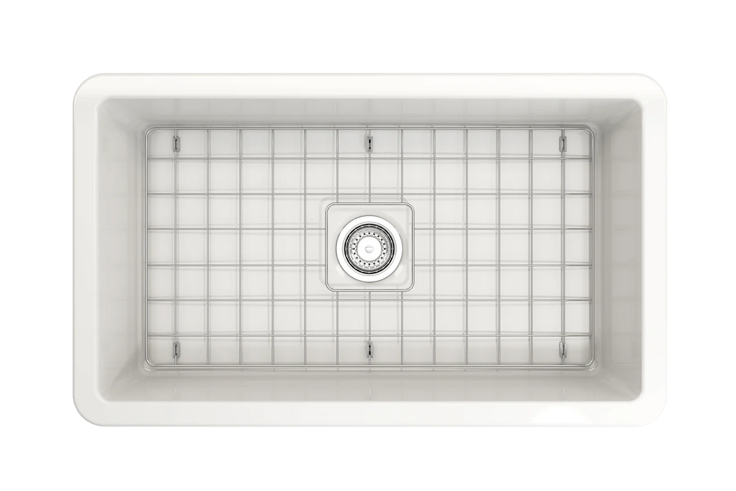Birds-eye view of Bocchi Sotto 32" fireclay sink with protective bottom grid