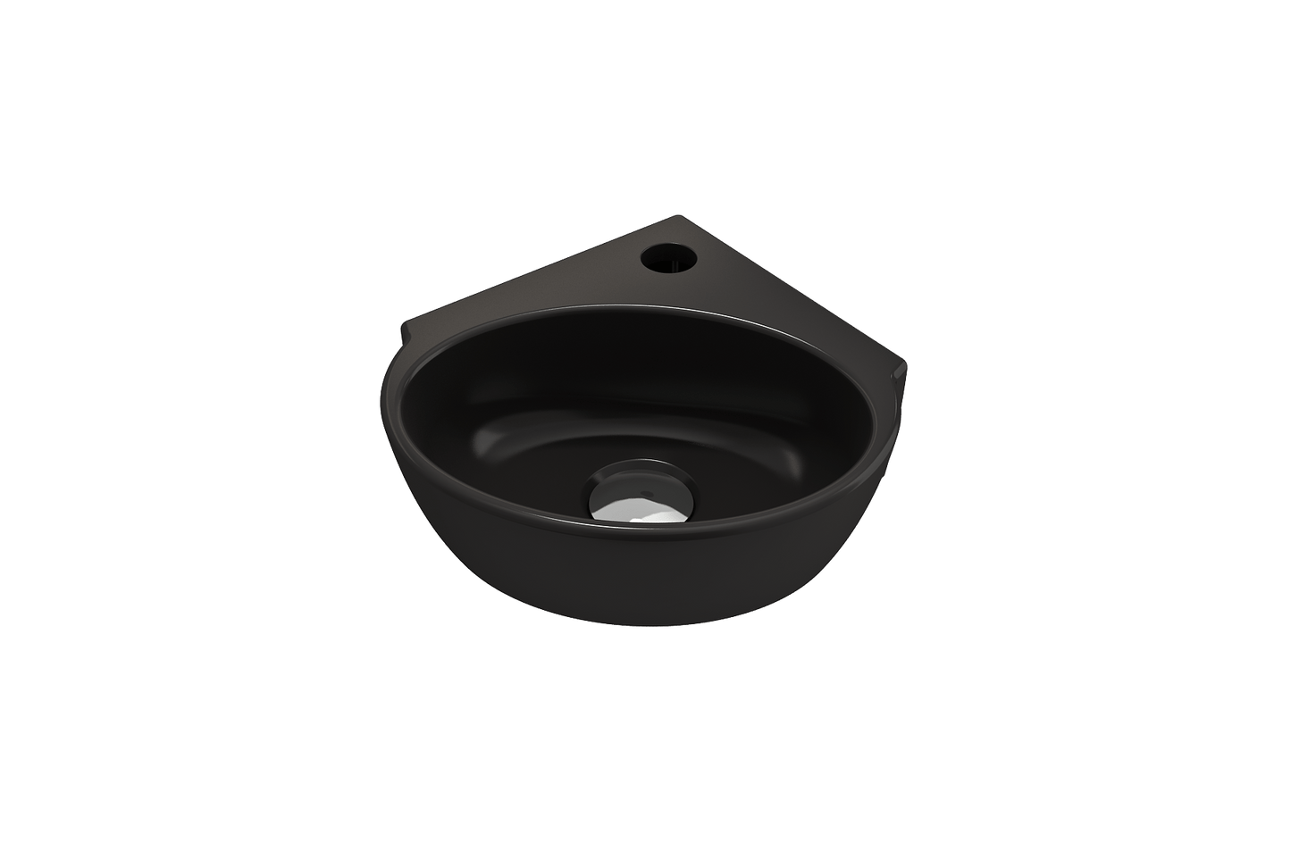 BOCCHI MILANO 12" Corner Sink Fireclay 1-Hole With Overflow in sleek black finish, showcasing top view and faucet hole.