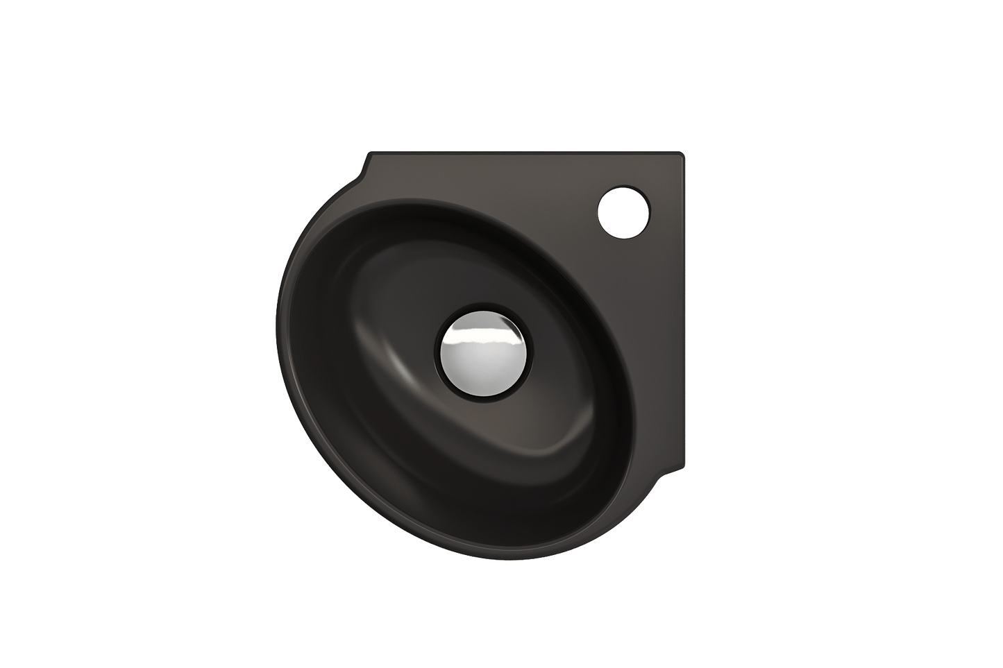 BOCCHI MILANO 12" Corner Sink Fireclay 1-Hole With Overflow in elegant black finish showing side angle with faucet hole.