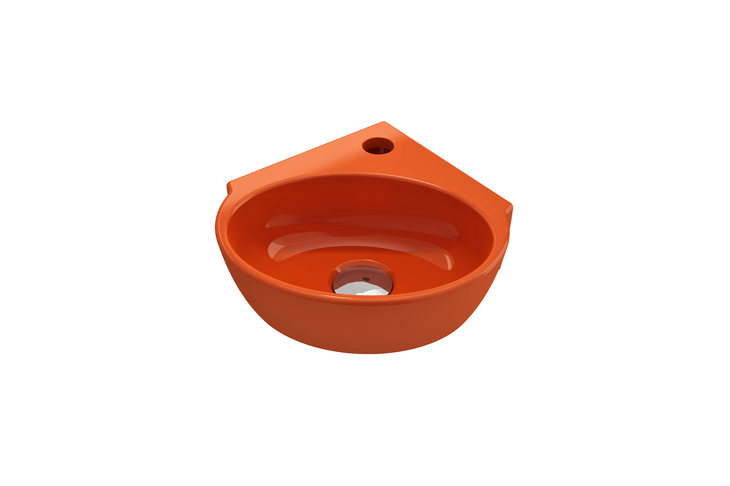 BOCCHI MILANO 12" Corner Sink Fireclay 1-Hole With Overflow, vibrant orange finish, showcasing a sleek angle view.
