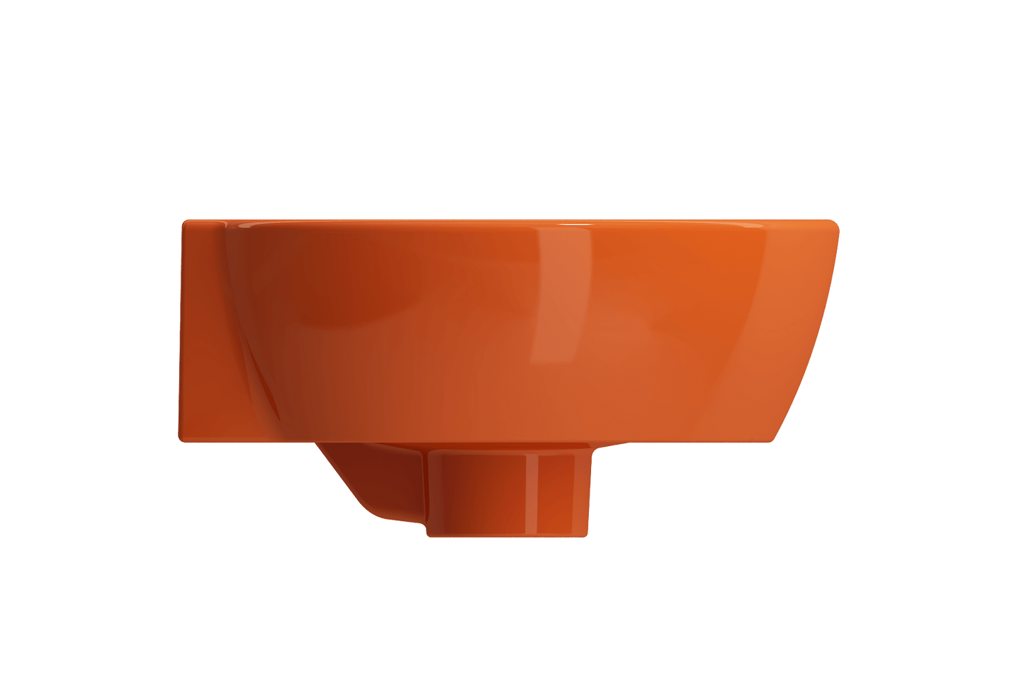 BOCCHI MILANO 12" Corner Sink Fireclay 1-Hole With Overflow in vibrant orange, viewed from the side showcasing its sleek design.