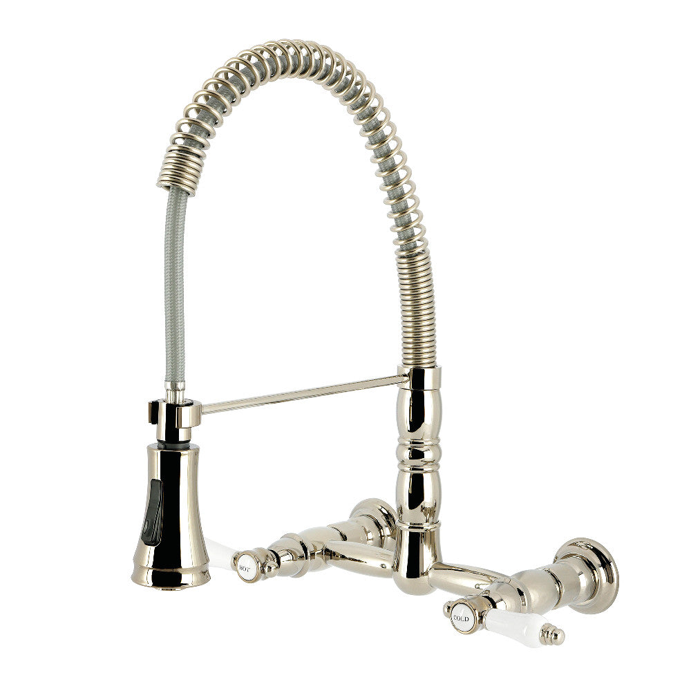 Kingston Brass GS1243BPL Bel-Air Double-Handle Wall-Mount Pre-Rinse Bridge Kitchen Faucet, Antique Brass in polished nickel finish.