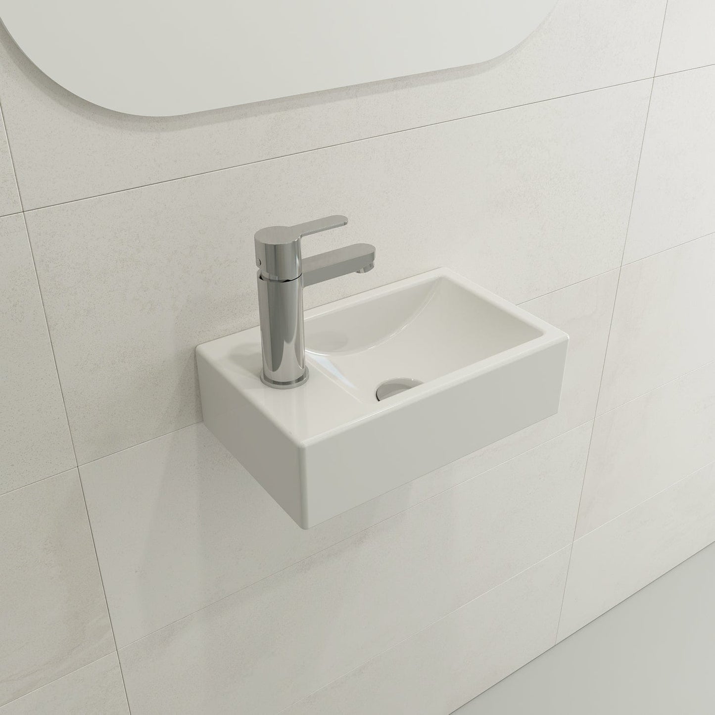BOCCHI MILANO 14.5" Wall-Mounted Sink Fireclay 1-hole Left Side Faucet Deck With Overflow in white, side view showcasing sleek design.