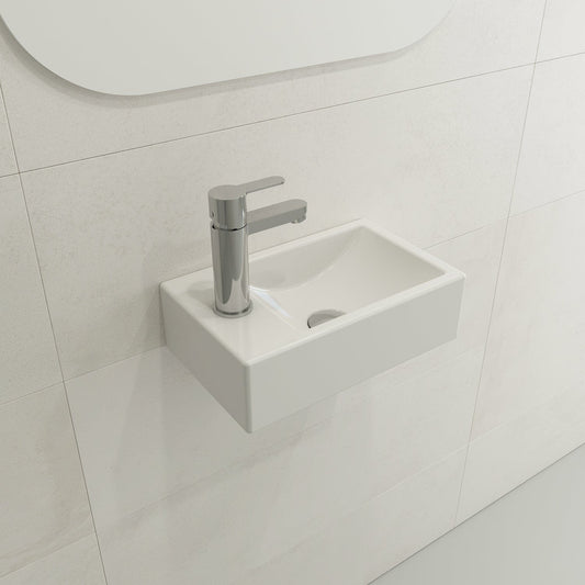 BOCCHI MILANO 14.5" Wall-Mounted Sink Fireclay 1-hole Left Side Faucet Deck With Overflow in white, side view showcasing sleek design.