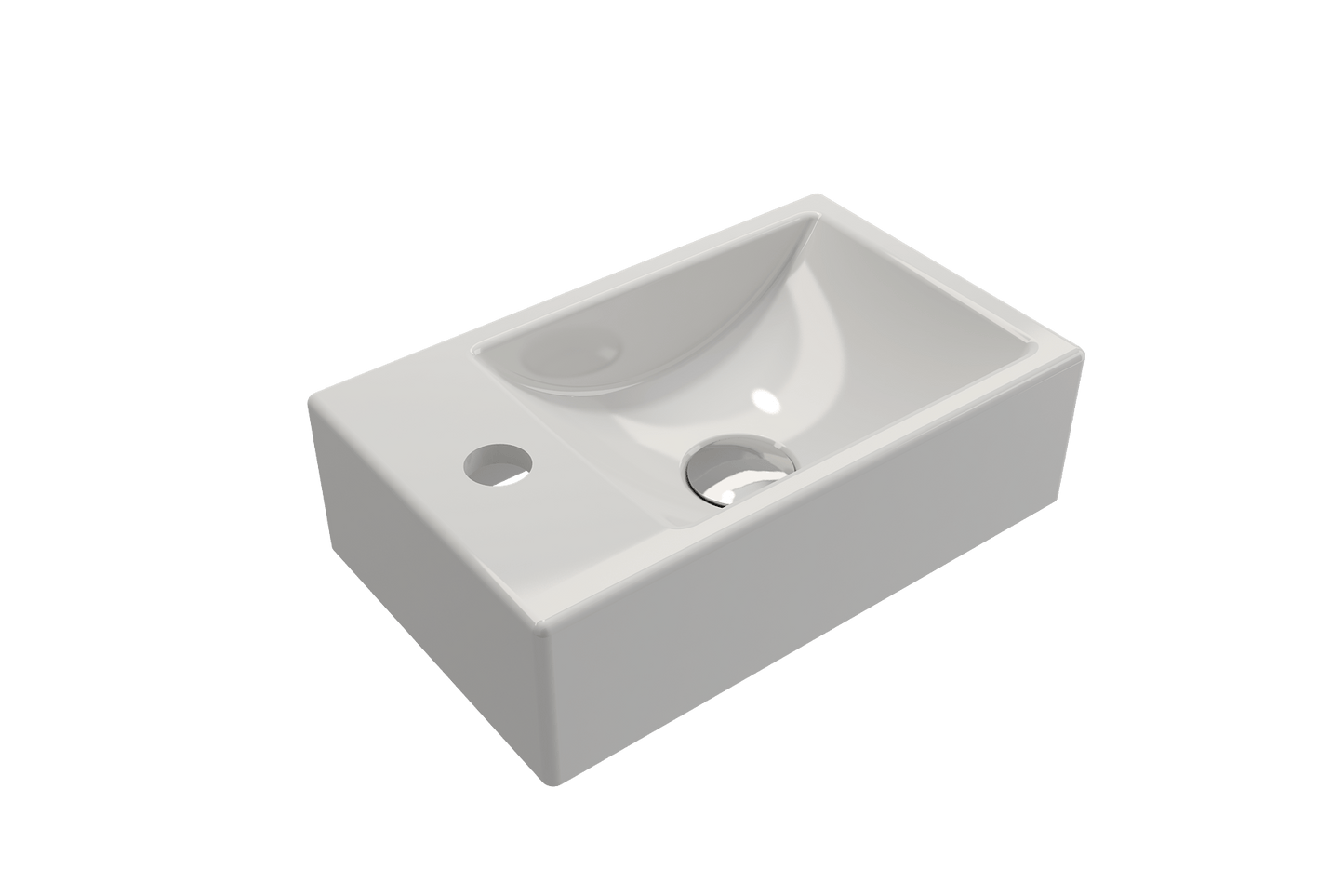 BOCCHI MILANO 14.5" Wall-Mounted Sink Fireclay 1-hole Left Side Faucet Deck With Overflow in pristine white, angled view.