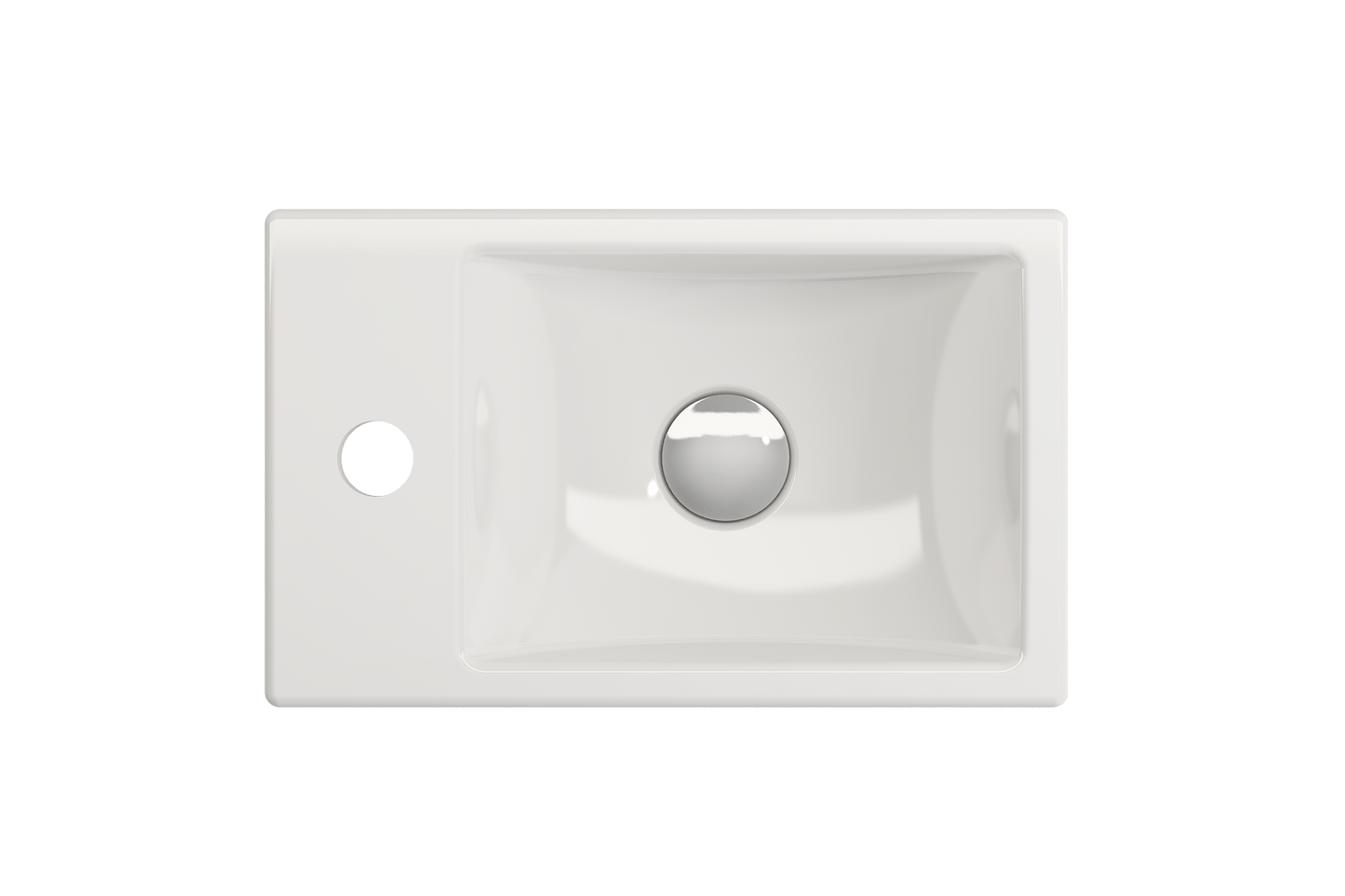 Top view of BOCCHI MILANO 14.5" Wall-Mounted Sink Fireclay 1-hole Left Side Faucet Deck With Overflow in glossy white finish.