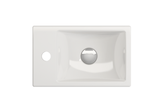 Top view of BOCCHI MILANO 14.5" Wall-Mounted Sink Fireclay 1-hole Left Side Faucet Deck With Overflow in glossy white finish.