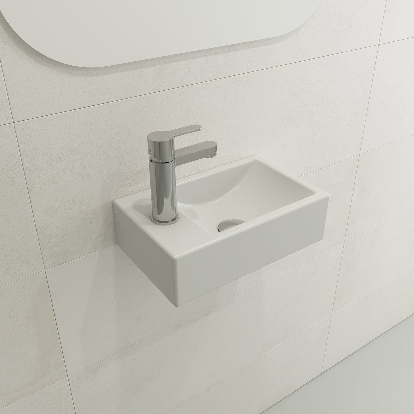 BOCCHI MILANO 14.5" Wall-Mounted Sink Fireclay 1-hole Left Side Faucet Deck With Overflow in matte white finish, side view.