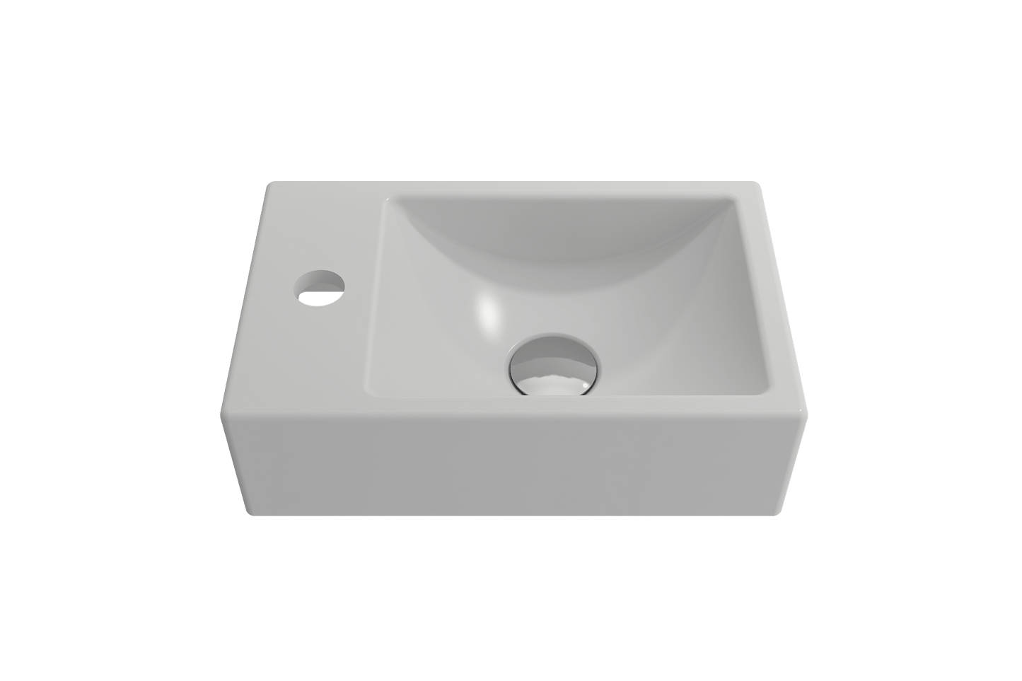 BOCCHI MILANO 14.5" Wall-Mounted Sink Fireclay 1-hole Left Side Faucet Deck With Overflow in sleek white finish.