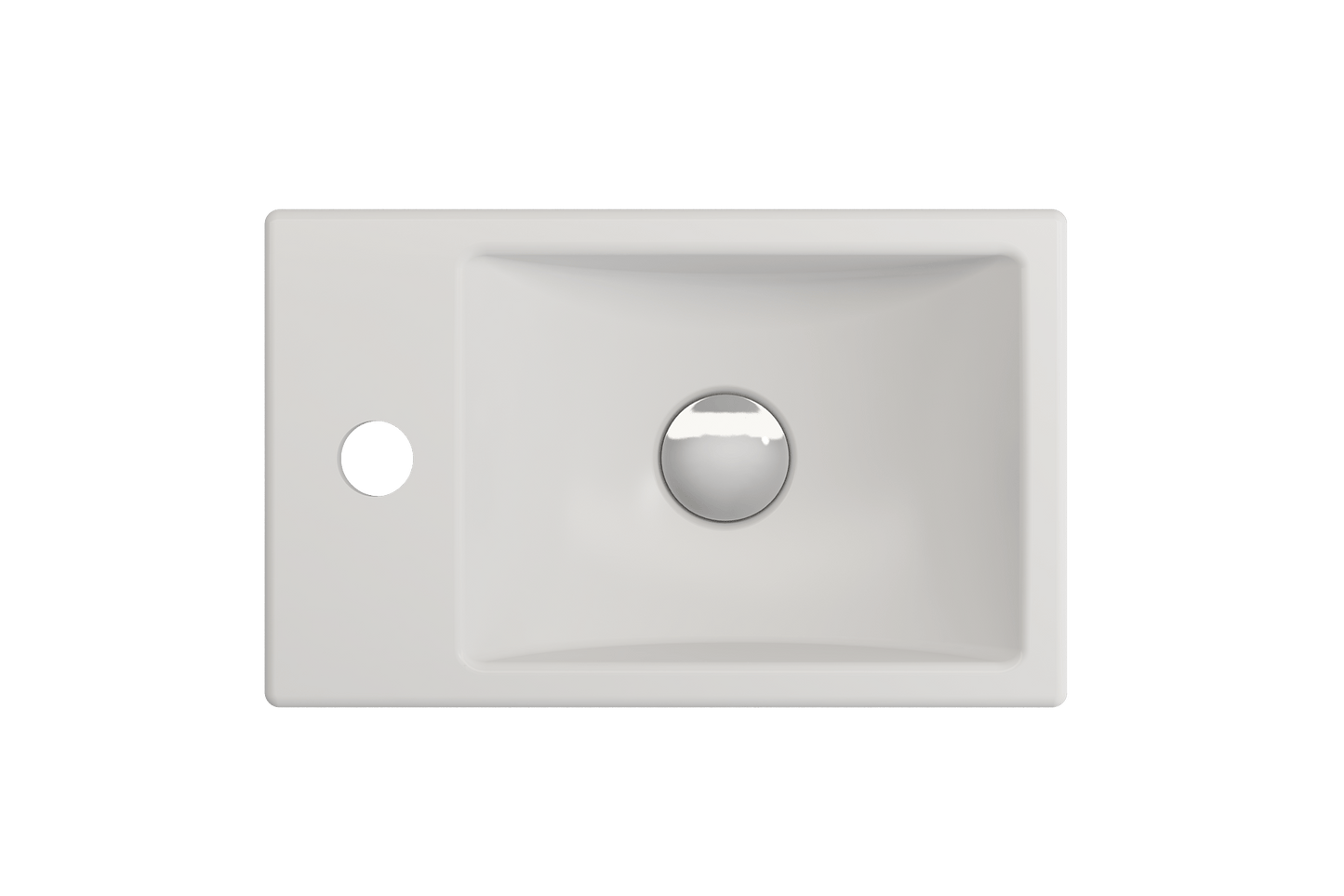 BOCCHI MILANO 14.5" Wall-Mounted Sink Fireclay 1-hole Left Side Faucet Deck With Overflow top view in white color.