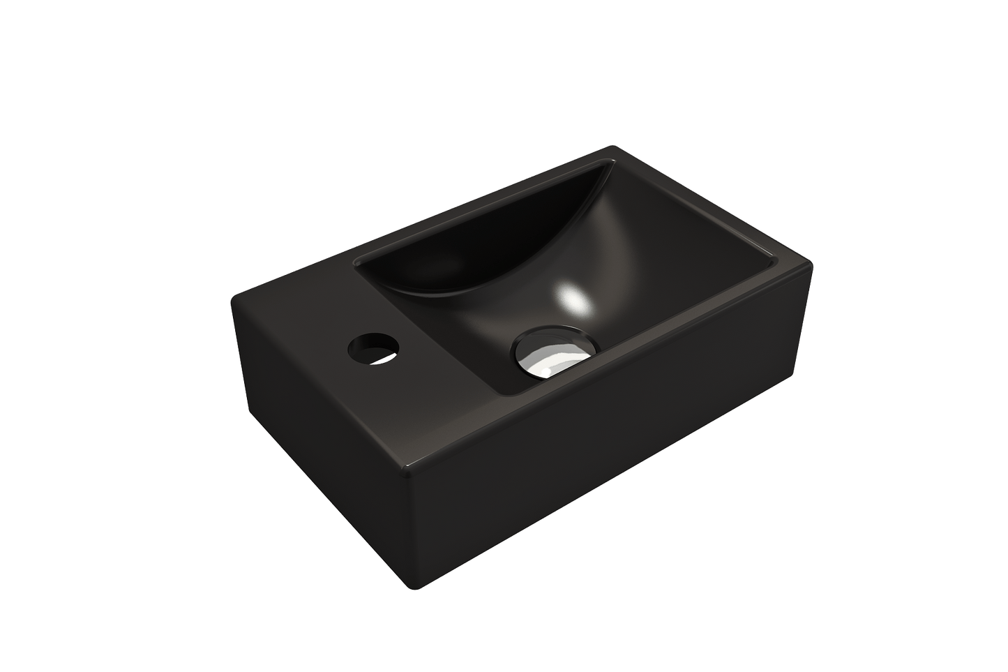 BOCCHI MILANO 14.5" Wall-Mounted Sink Fireclay 1-hole Left Side Faucet Deck With Overflow in sleek black finish.
