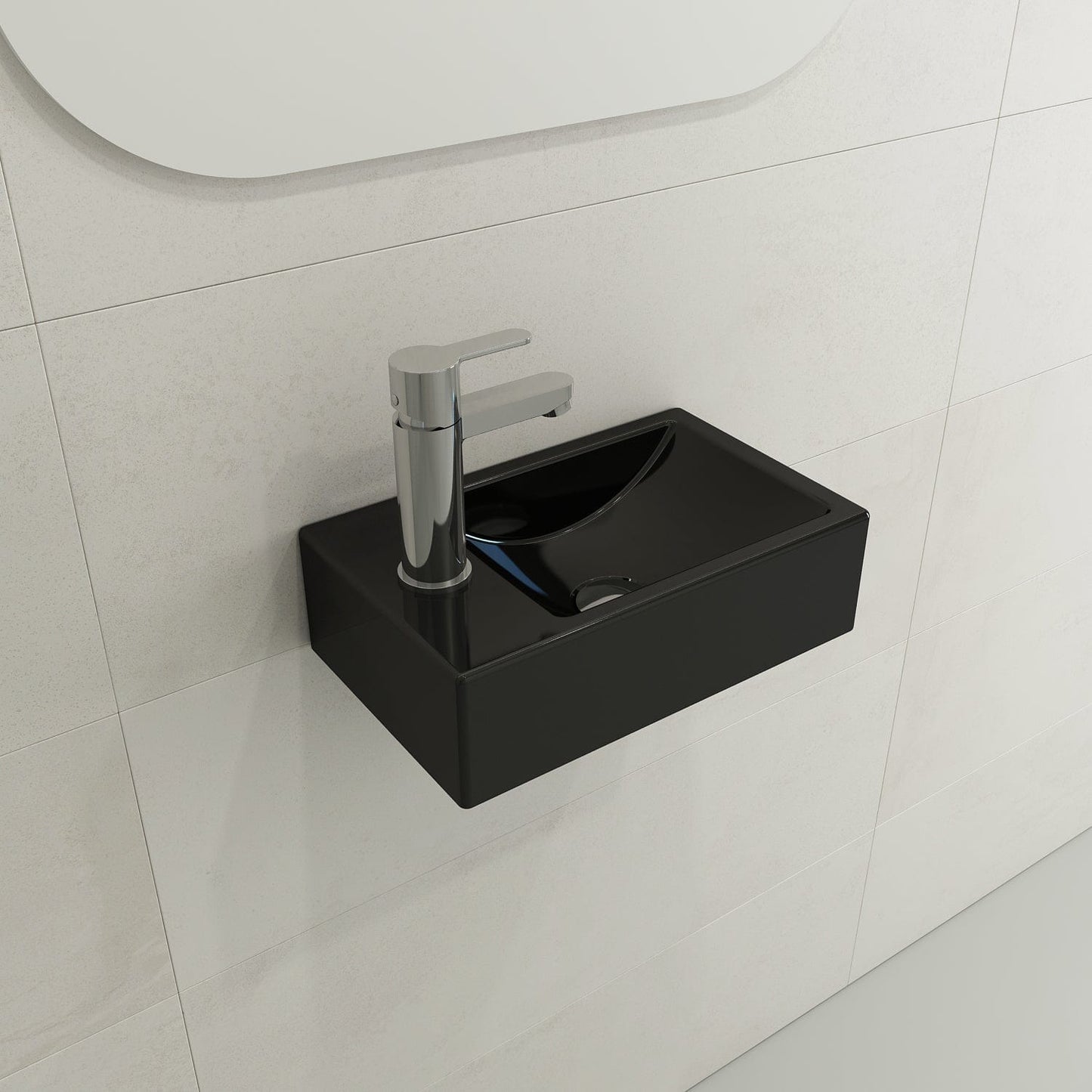 BOCCHI MILANO 14.5" Wall-Mounted Sink Fireclay 1-hole Left Side Faucet Deck With Overflow in sleek black finish