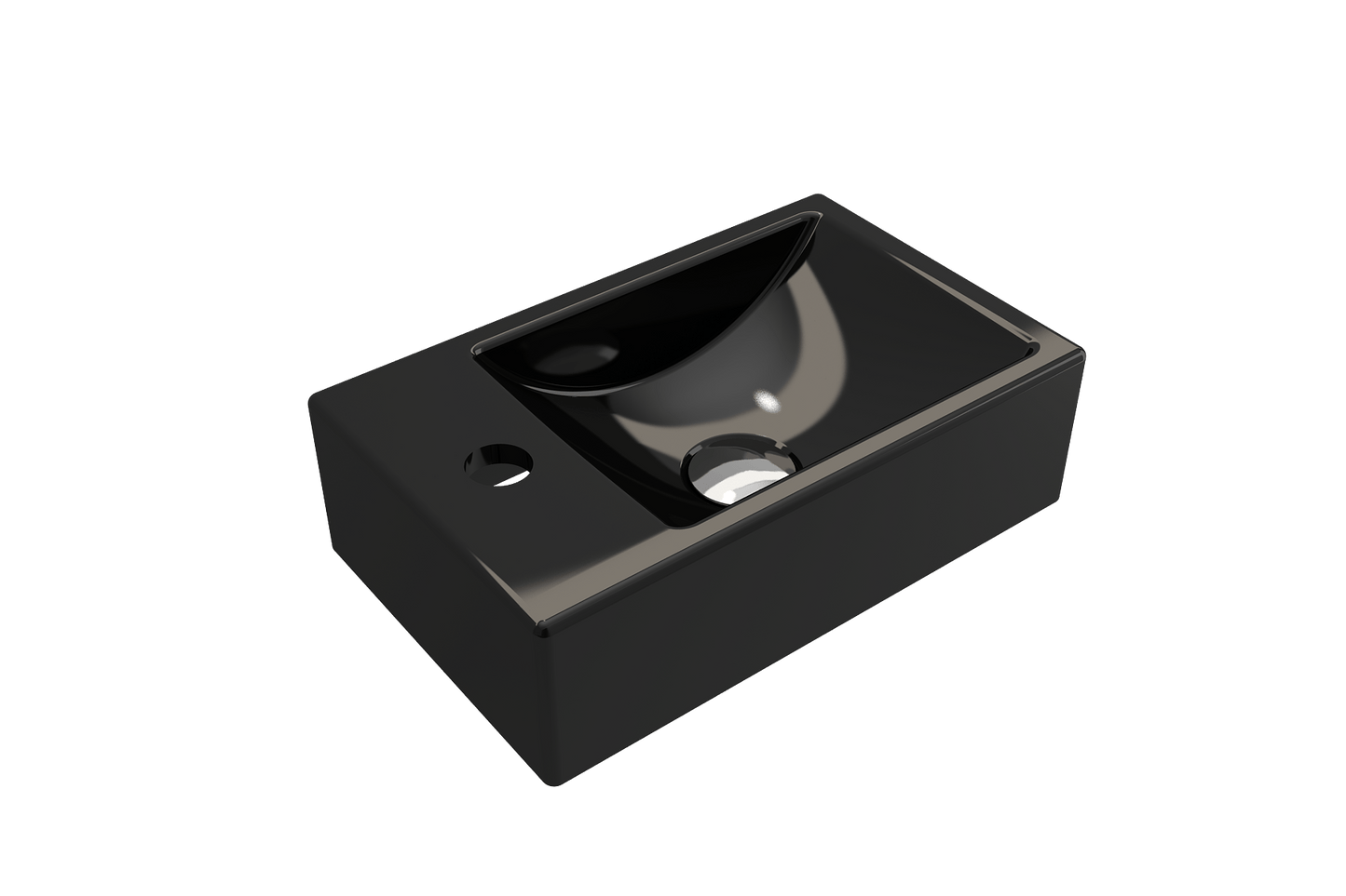 BOCCHI MILANO 14.5" Wall-Mounted Sink Fireclay 1-hole Left Side Faucet Deck With Overflow in sleek black finish, angled view.
