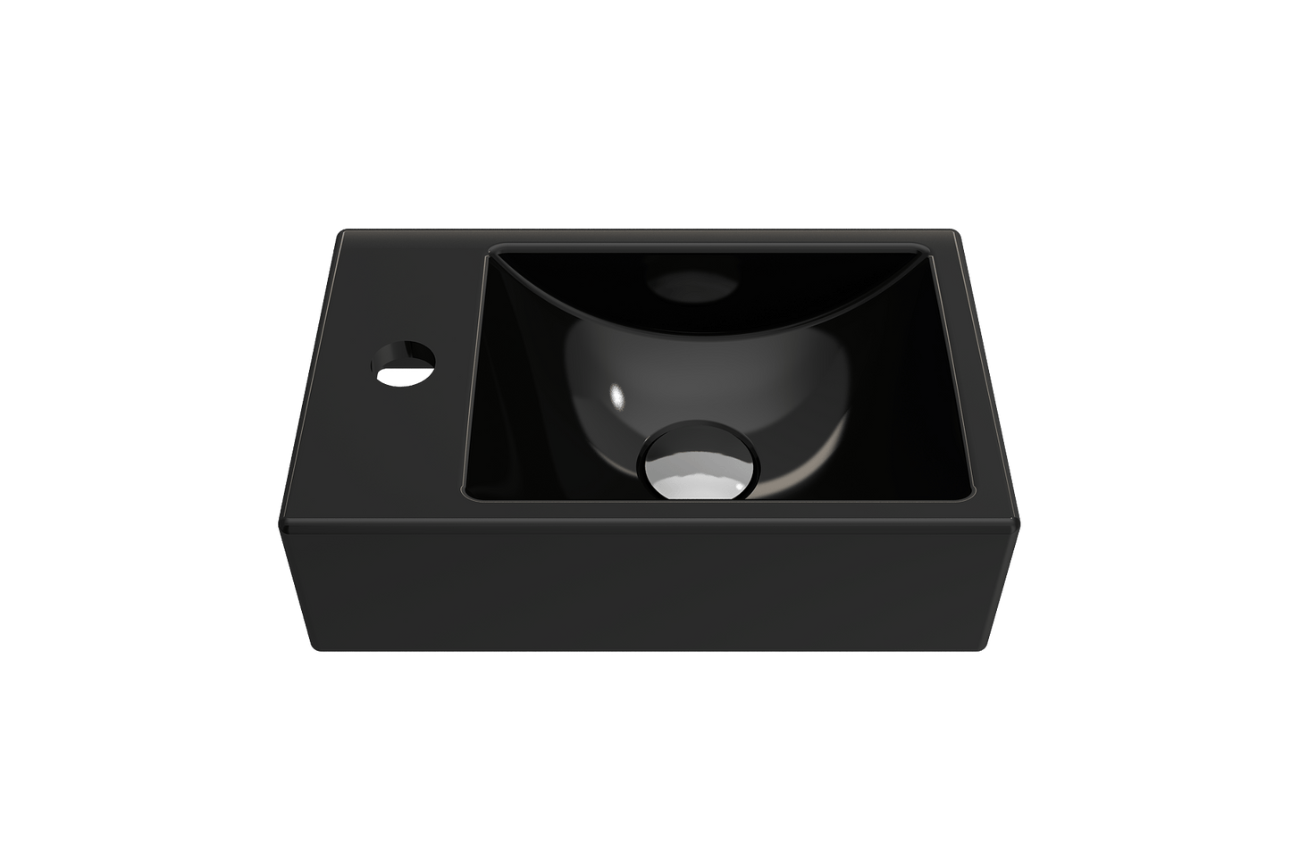BOCCHI MILANO 14.5" Wall-Mounted Sink Fireclay 1-hole Left Side Faucet Deck With Overflow in sleek black finish, top view.