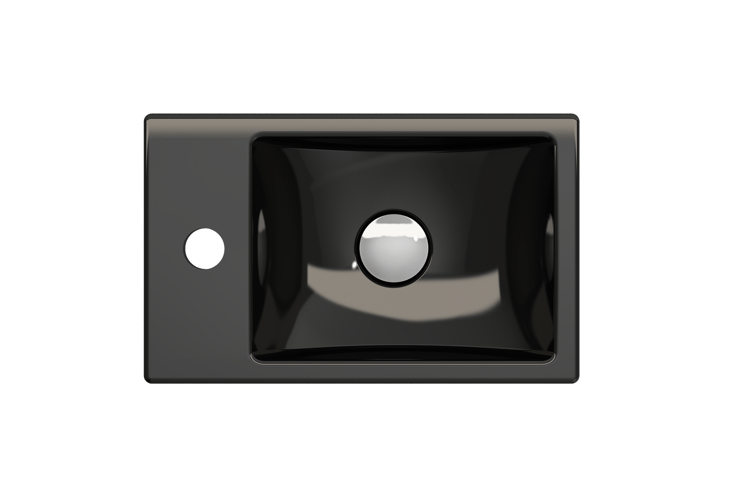 BOCCHI MILANO 14.5" Wall-Mounted Sink Fireclay 1-hole Left Side Faucet Deck With Overflow in sleek black finish, top view.