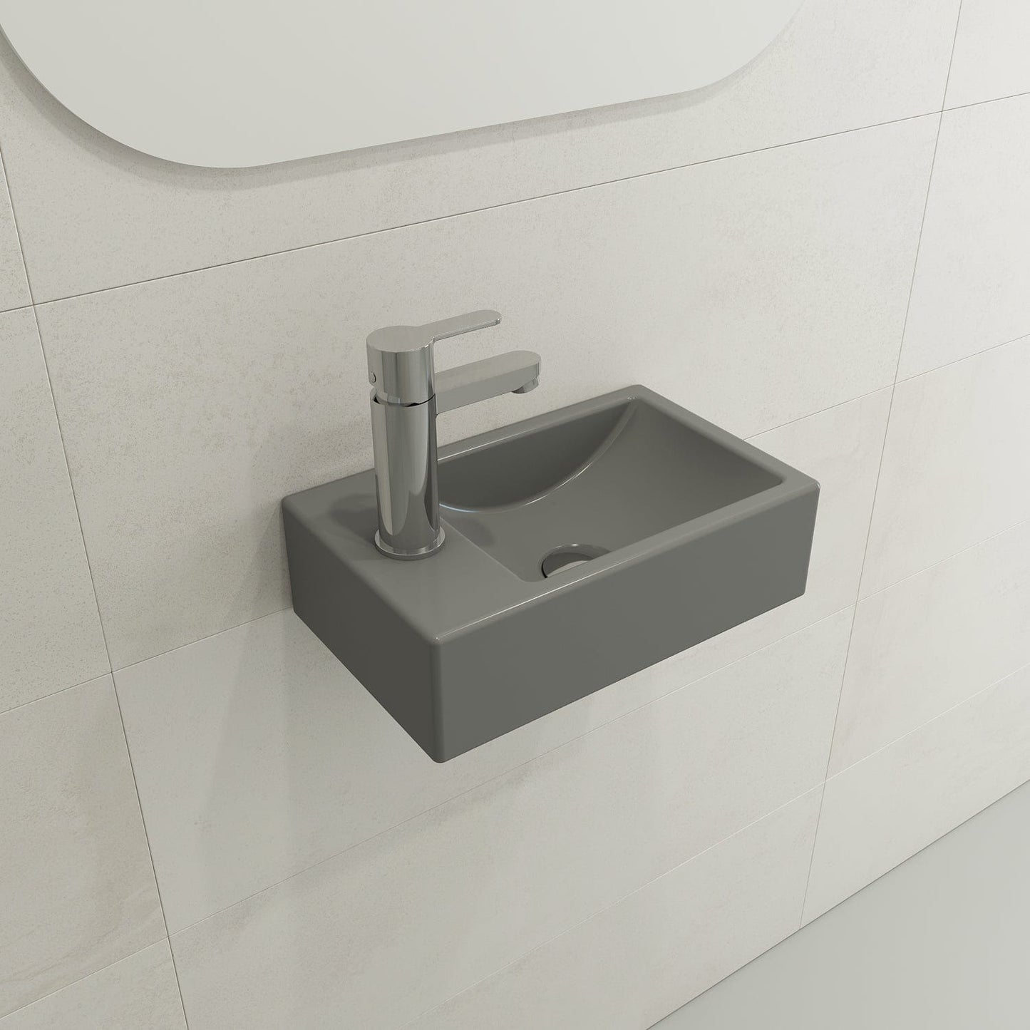 BOCCHI MILANO 14.5" Wall-Mounted Sink Fireclay 1-hole Left Side Faucet Deck With Overflow in matte gray, close-up view