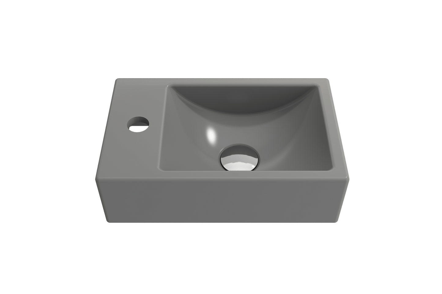 BOCCHI MILANO 14.5" Wall-Mounted Sink Fireclay 1-hole Left Side Faucet Deck With Overflow in sleek gray finish.