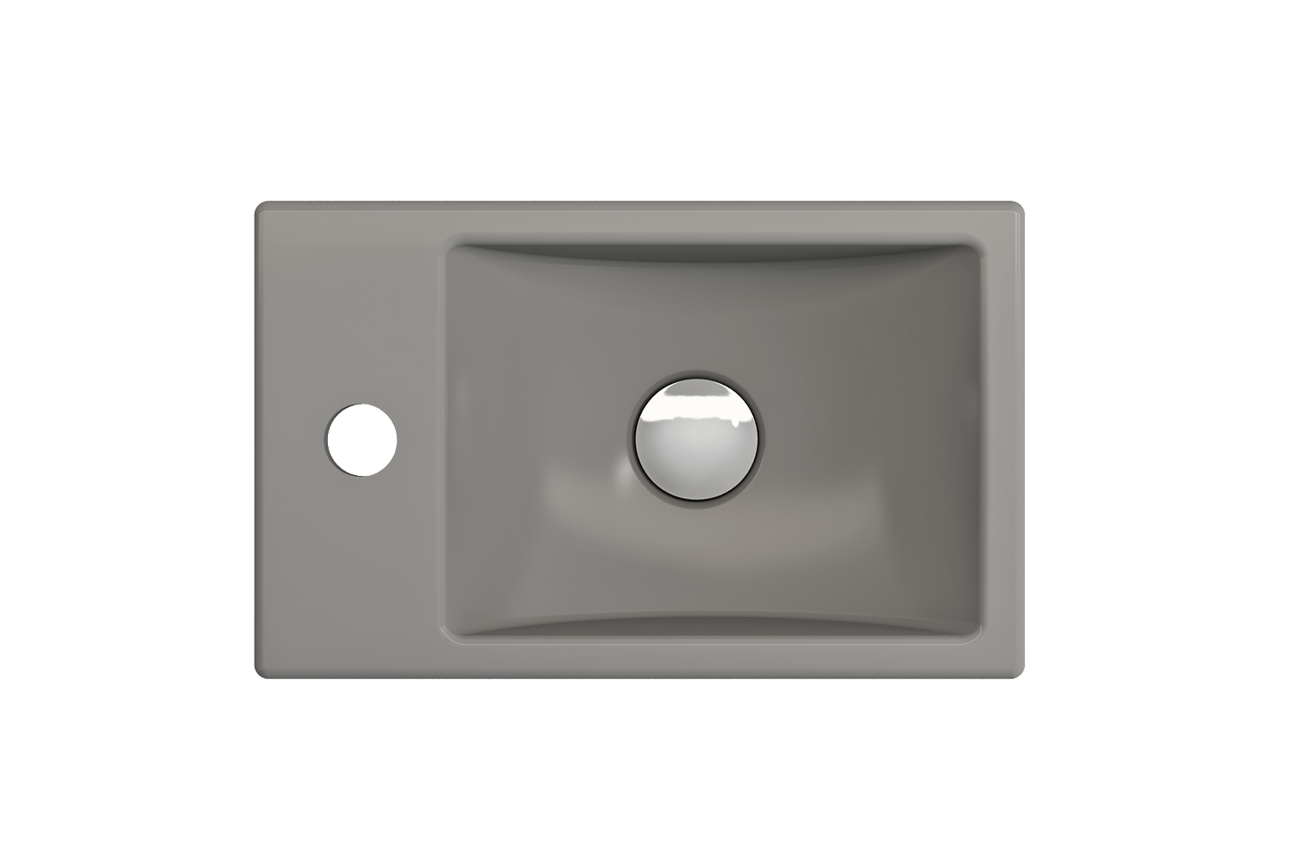 BOCCHI MILANO 14.5" Wall-Mounted Sink Fireclay 1-hole Left Side Faucet Deck With Overflow in sleek gray finish.