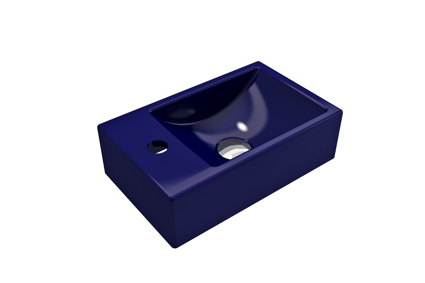 BOCCHI MILANO 14.5" Wall-Mounted Sink Fireclay 1-hole Left Side Faucet Deck With Overflow in deep blue color viewed at an angle.