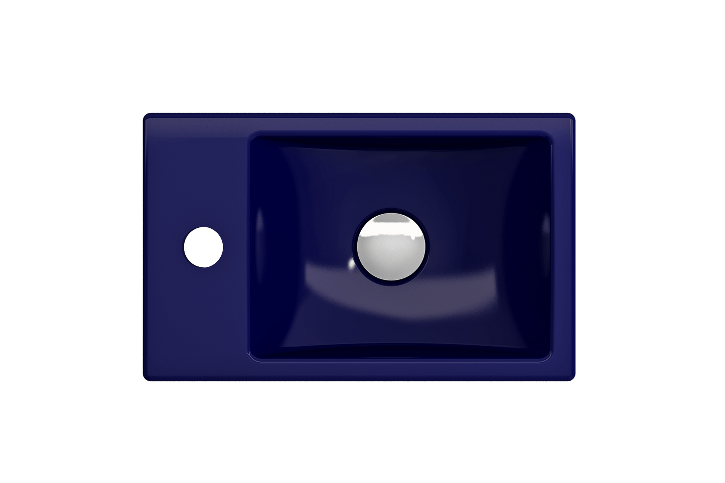 BOCCHI MILANO 14.5" Wall-Mounted Sink Fireclay 1-hole Left Side Faucet Deck With Overflow in deep navy blue.