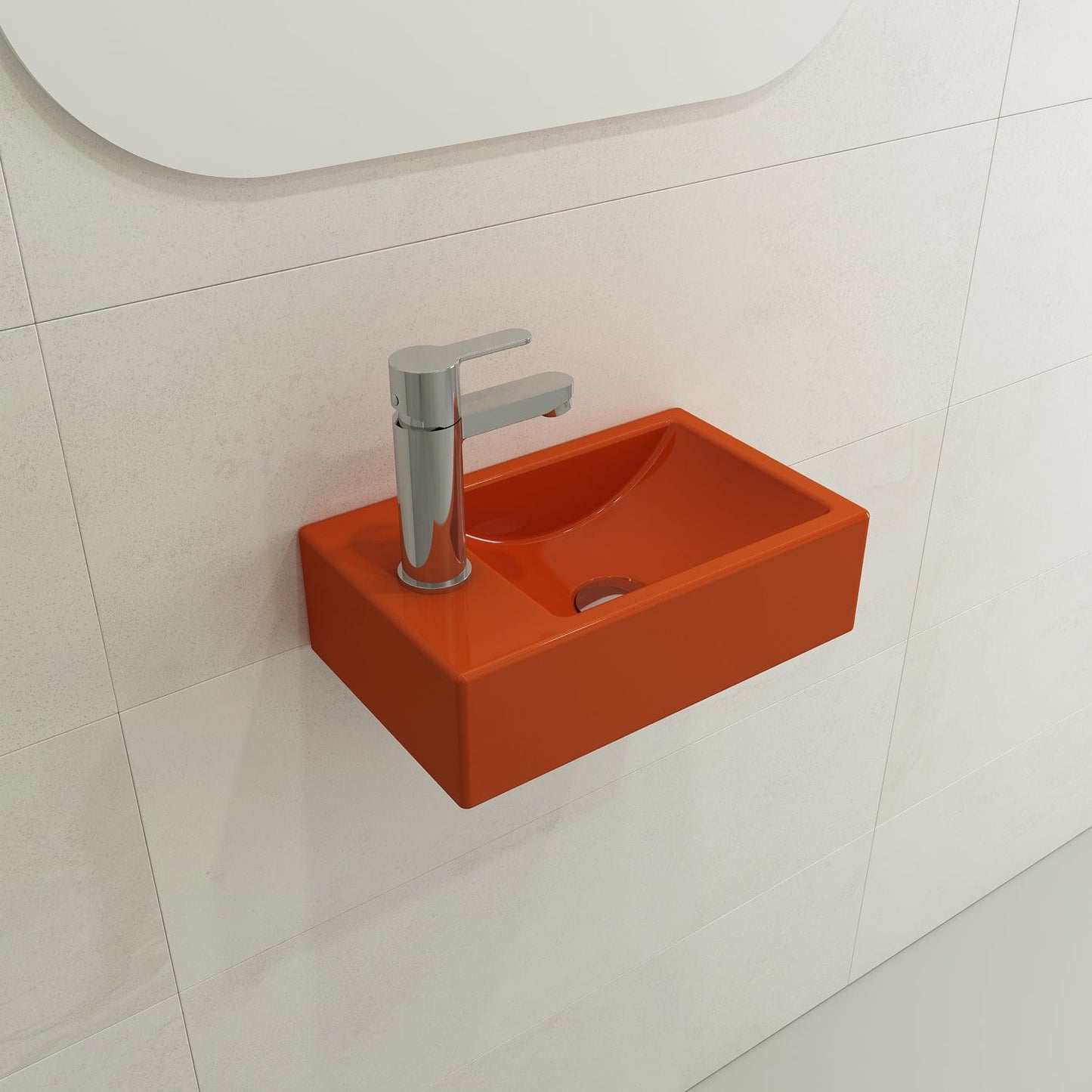 BOCCHI MILANO 14.5" Wall-Mounted Sink Fireclay 1-hole Left Side Faucet Deck With Overflow in vibrant orange installation.