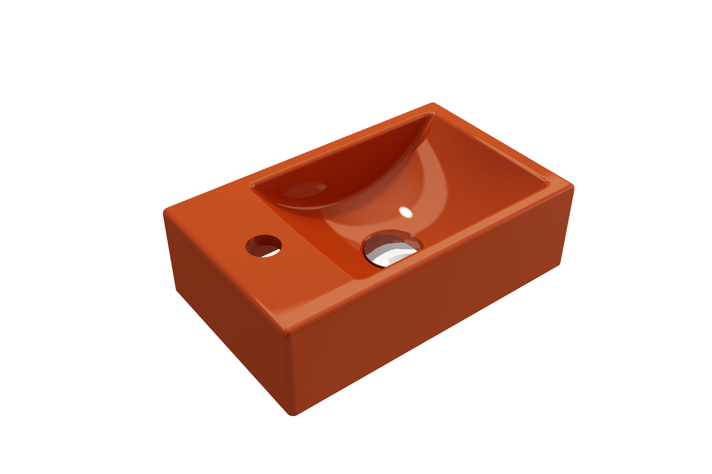 BOCCHI MILANO 14.5" Wall-Mounted Sink Fireclay 1-hole Left Side Faucet Deck With Overflow in vibrant orange color, showcasing a sleek profile.