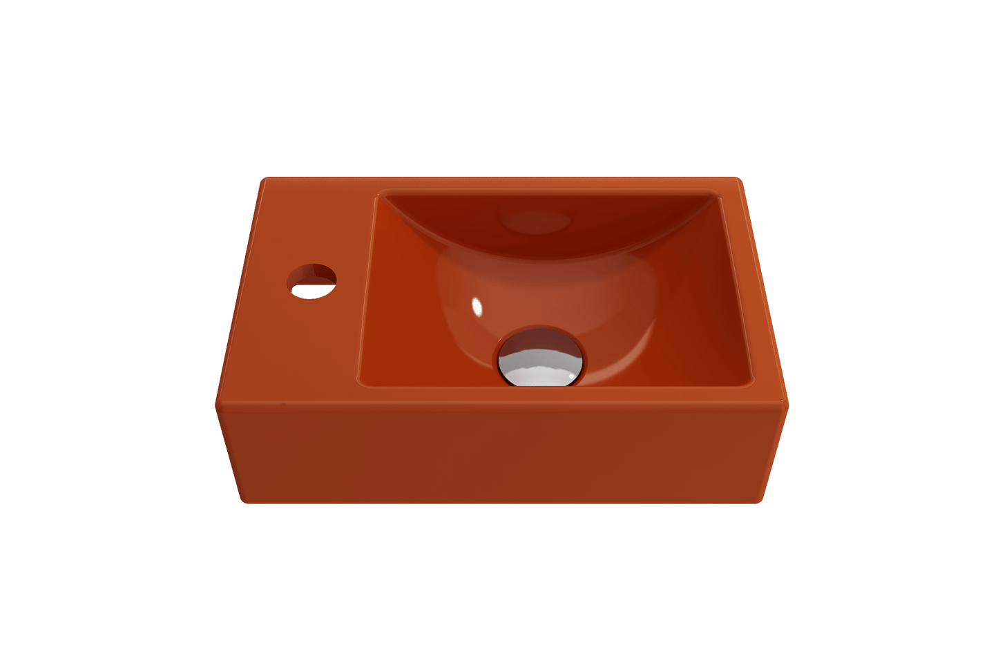 BOCCHI MILANO 14.5" Wall-Mounted Sink Fireclay 1-hole Left Side Faucet Deck With Overflow in vibrant orange finish