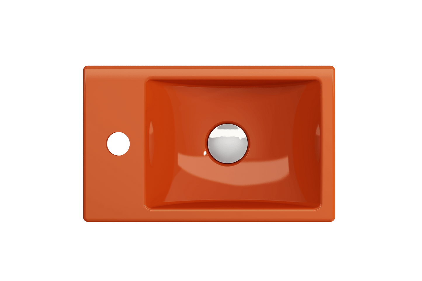 BOCCHI MILANO 14.5" Wall-Mounted Sink Fireclay 1-hole Left Side Faucet Deck With Overflow in vibrant orange finish.