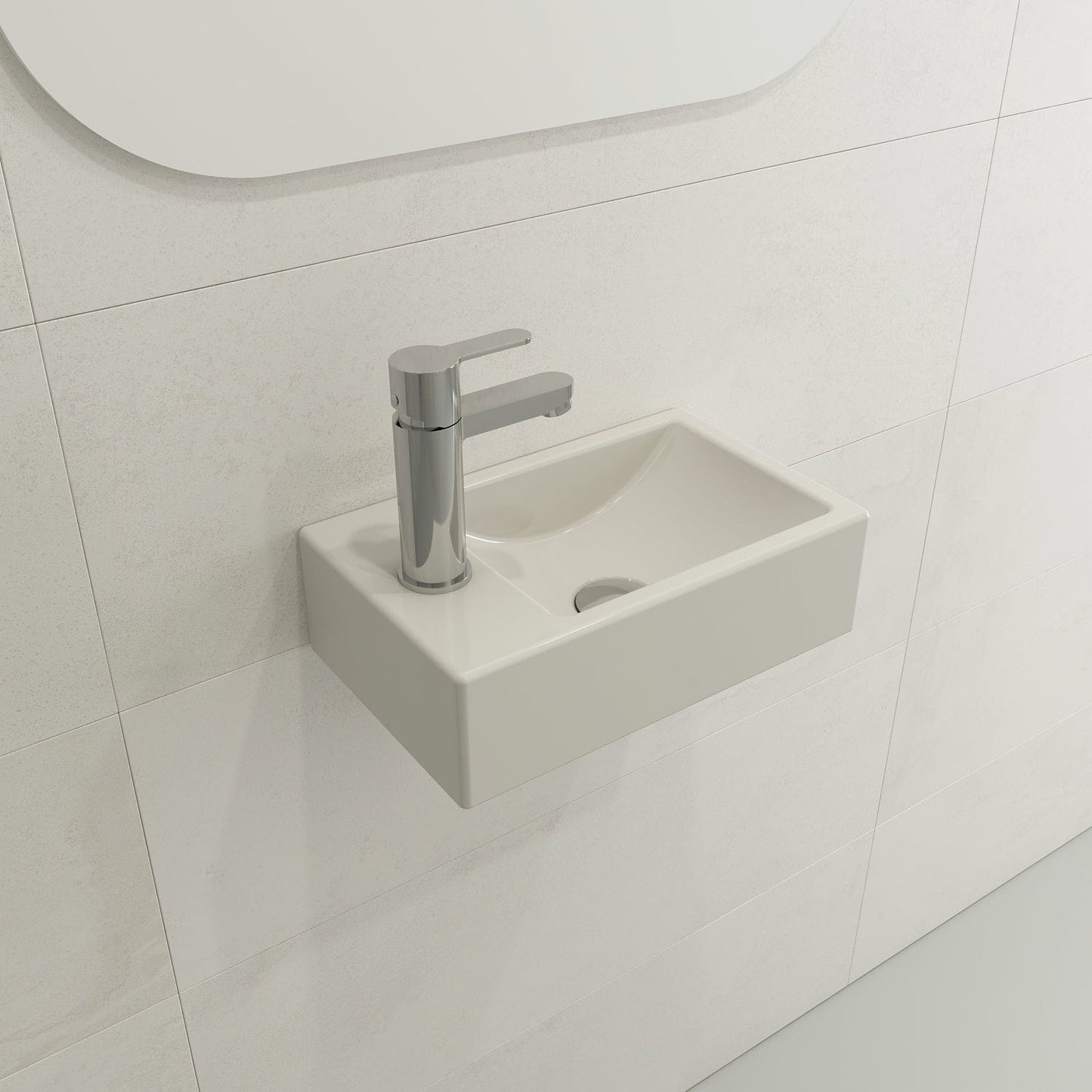 BOCCHI MILANO 14.5" Wall-Mounted Sink Fireclay 1-hole Left Side Faucet Deck With Overflow in Biscuit on wall.