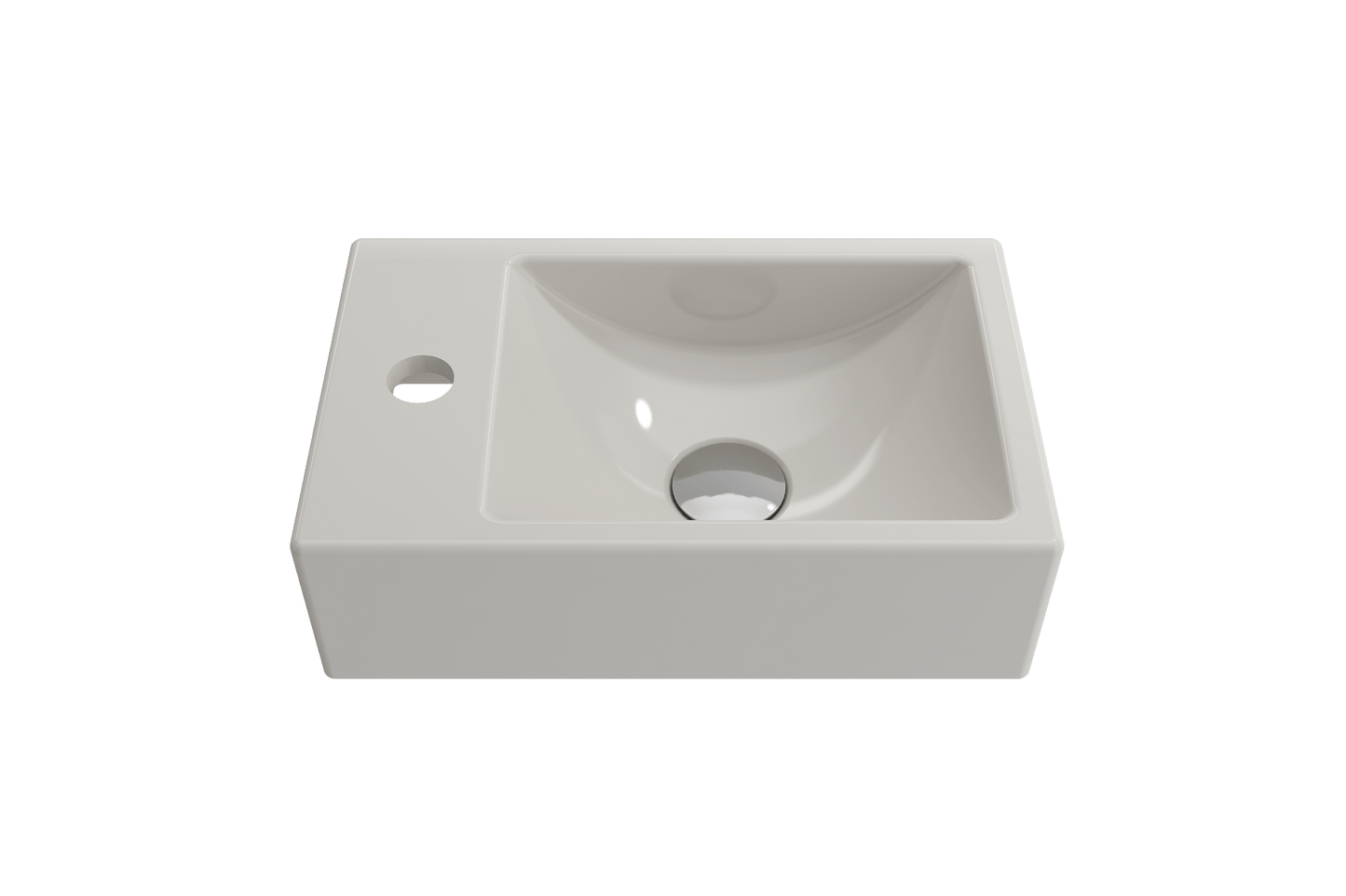 Top view of BOCCHI MILANO 14.5" Wall-Mounted Sink Fireclay 1-hole Left Side Faucet Deck With Overflow in white.