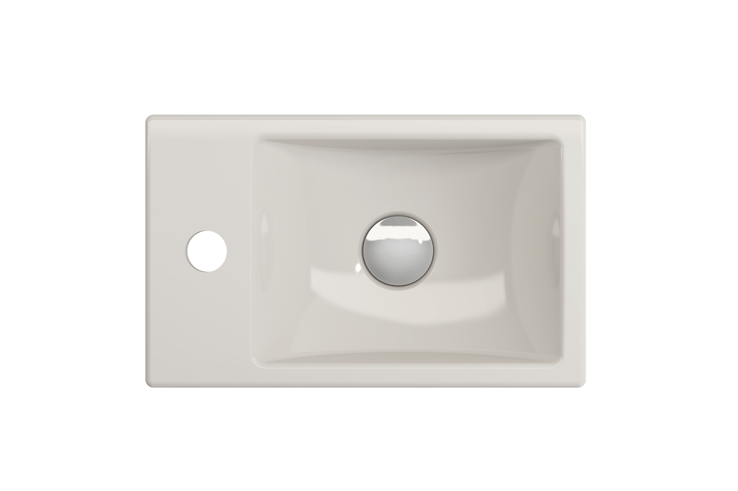 BOCCHI MILANO 14.5" Wall-Mounted Sink Fireclay 1-hole Left Side Faucet Deck With Overflow in white, top view showing sleek design.