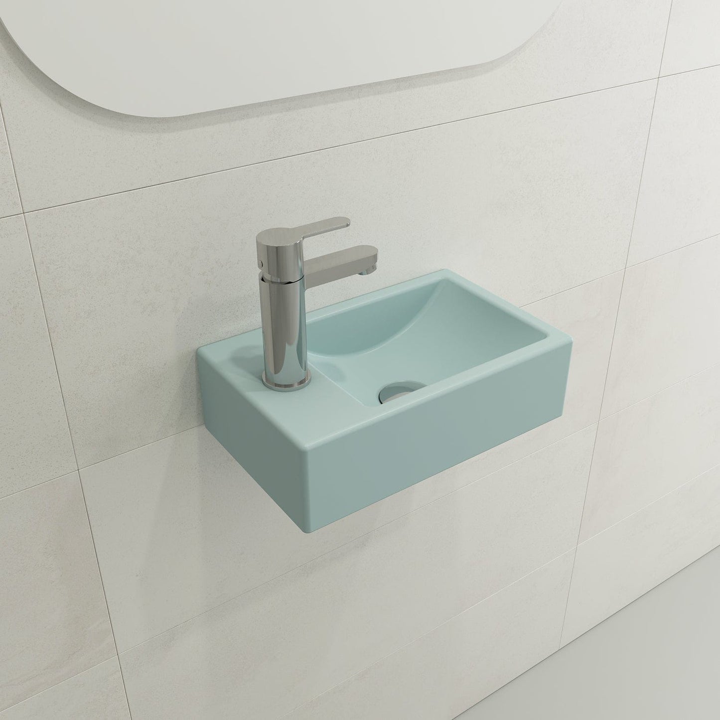 BOCCHI MILANO 14.5" Wall-Mounted Sink Fireclay 1-hole Left Side Faucet Deck With Overflow in matte ice blue finish