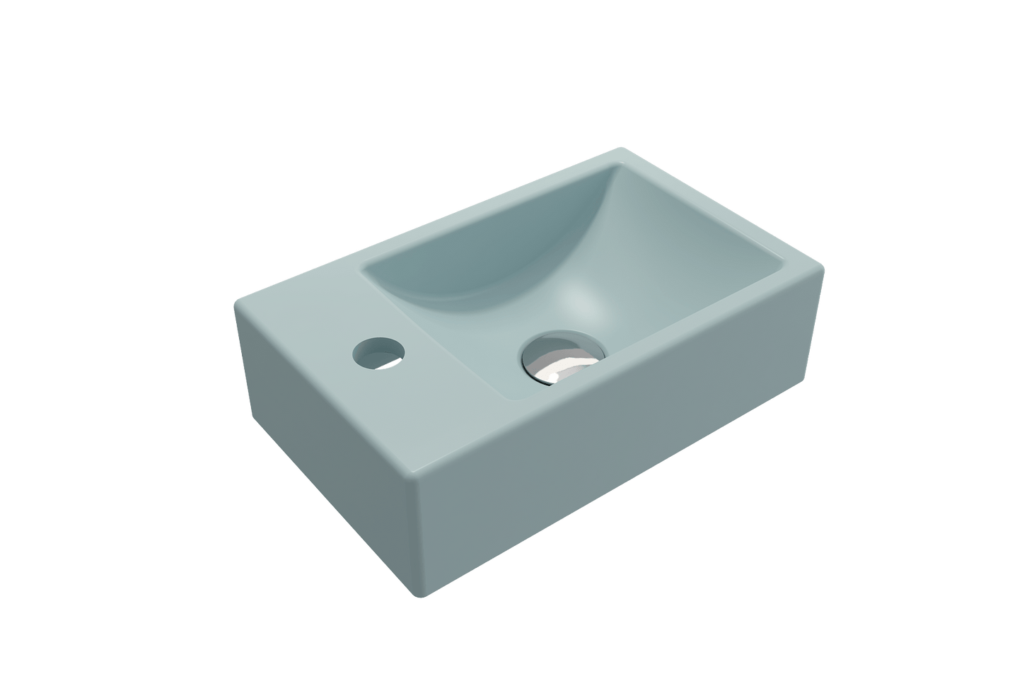 BOCCHI MILANO 14.5" Wall-Mounted Sink Fireclay 1-hole Left Side Faucet Deck With Overflow in light blue finish.