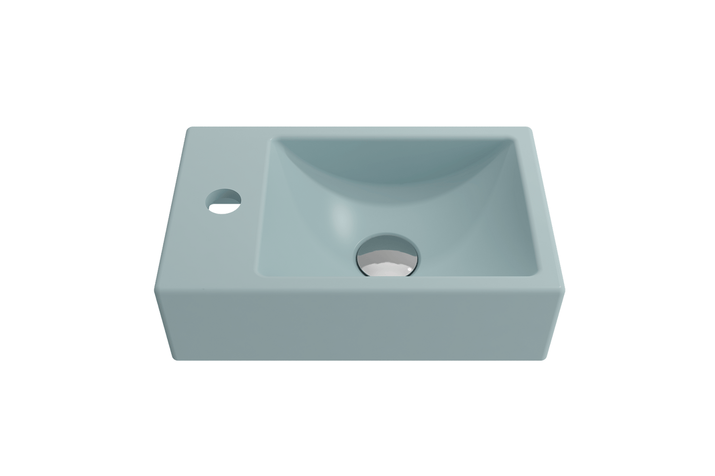 BOCCHI MILANO 14.5" Wall-Mounted Sink Fireclay 1-hole Left Side Faucet Deck With Overflow in serene light blue finish.