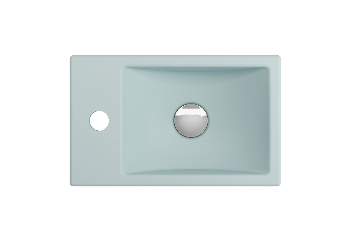 BOCCHI MILANO 14.5" Wall-Mounted Sink Fireclay 1-hole Left Side Faucet Deck With Overflow in light blue finish, top view.