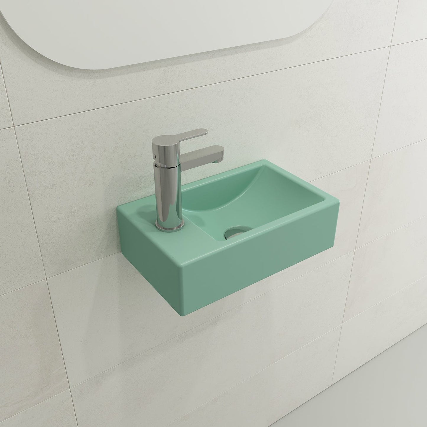 BOCCHI MILANO 14.5" Wall-Mounted Sink Fireclay 1-hole Left Side Faucet Deck With Overflow in Matte Mint Green
