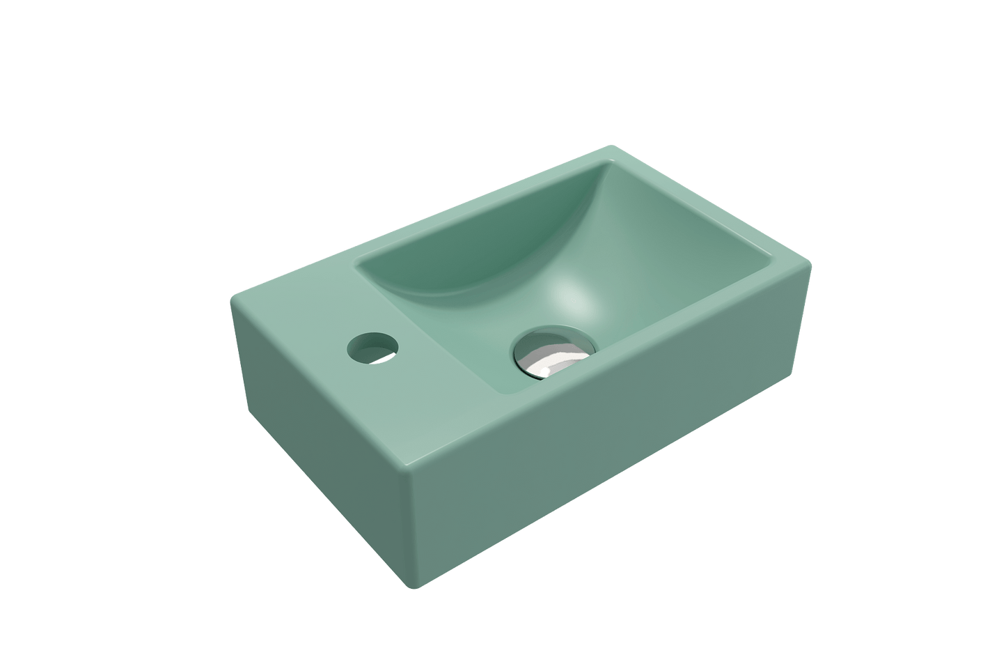 BOCCHI MILANO 14.5" Wall-Mounted Sink Fireclay 1-hole Left Side Faucet Deck With Overflow in mint green from an angled perspective.