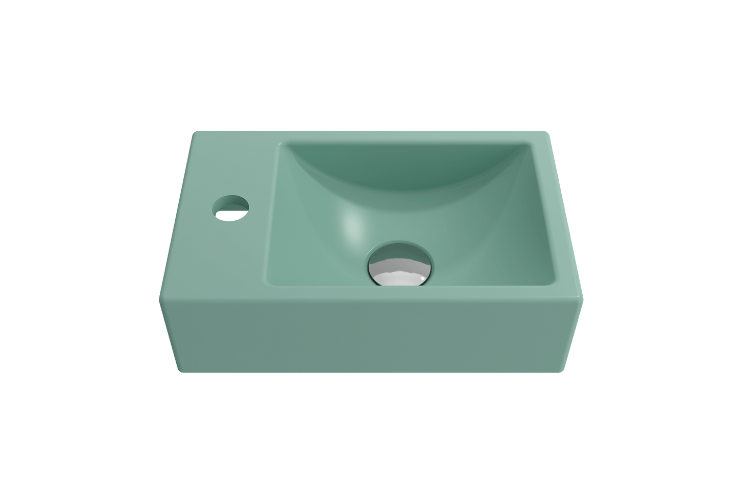 BOCCHI MILANO 14.5" Wall-Mounted Sink Fireclay 1-hole Left Side Faucet Deck With Overflow in mint green color.