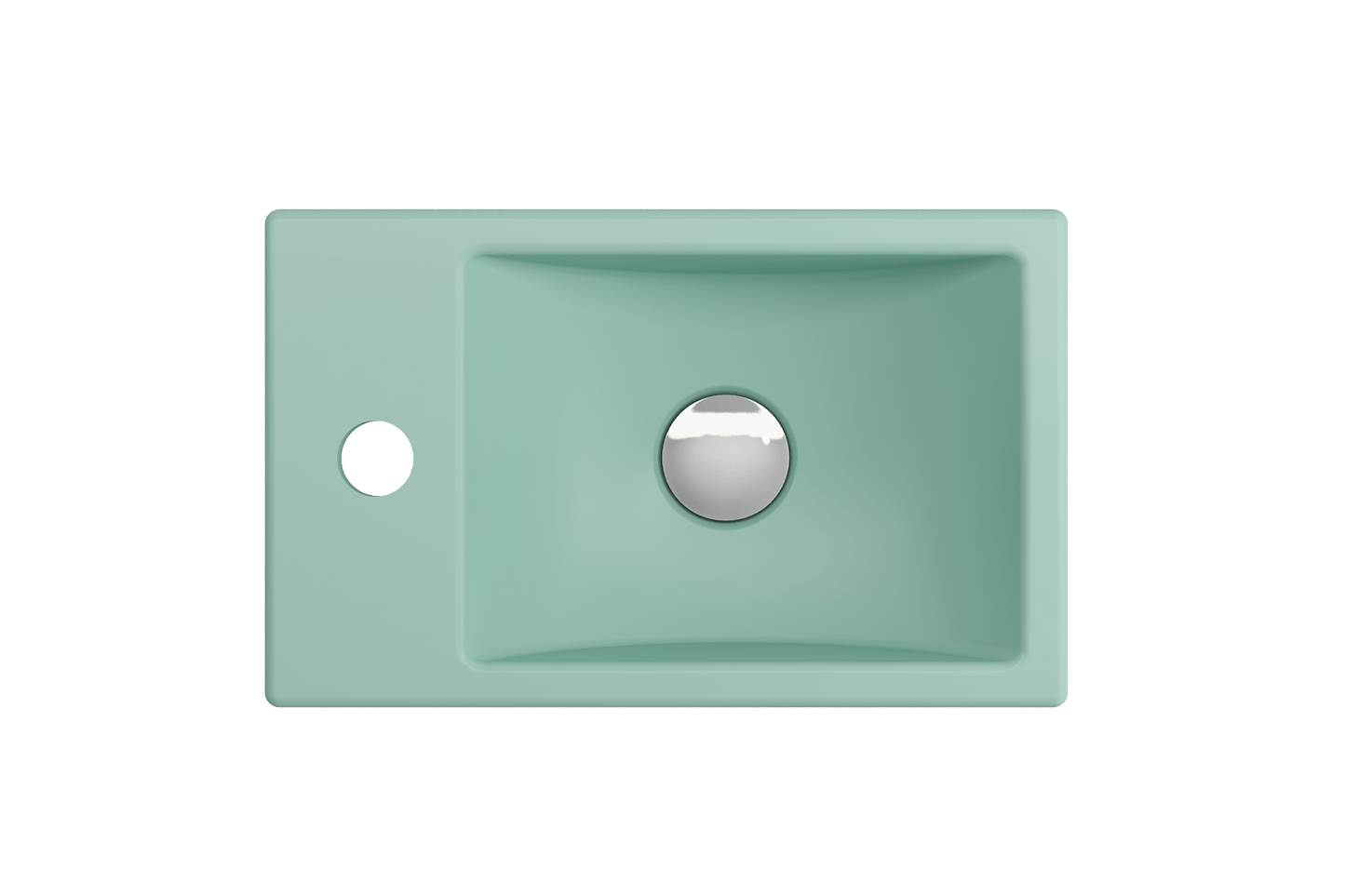 BOCCHI MILANO 14.5" Wall-Mounted Sink Fireclay 1-hole Left Side Faucet Deck With Overflow in mint green top view.